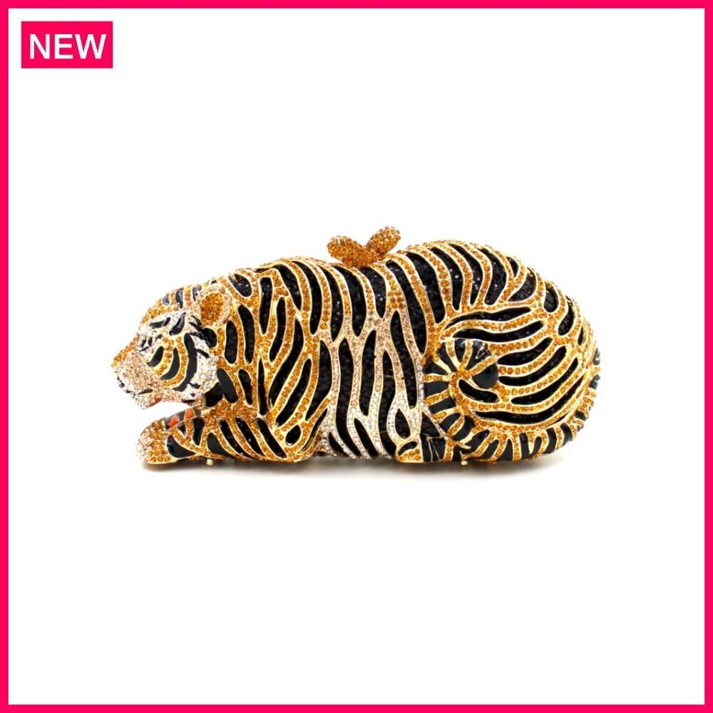 Sparkling Rhinestone Tiger Evening Clutch Prom Party Purse Handbag